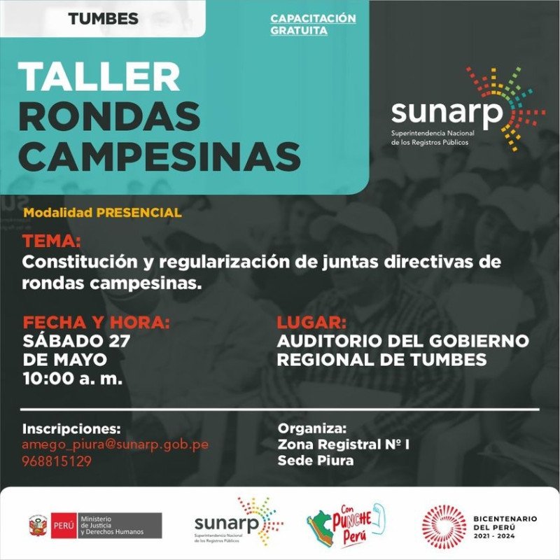 Taller presencial gratuito "Constitución y regularización de juntas directivas de rondas campesinas" de SUNARP