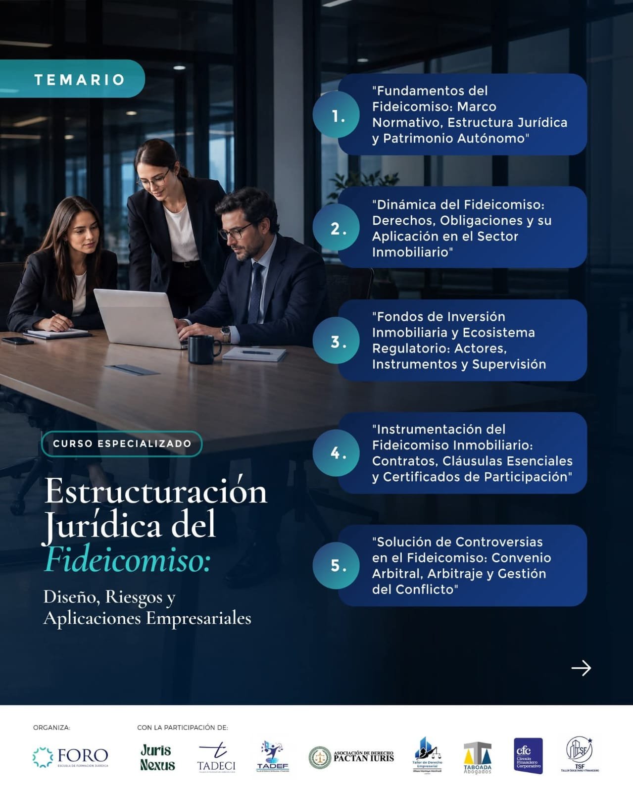 Flyer de Estructuración Jurídica del Fideicomiso: Diseño, Riesgos y Aplicaciones Empresariales